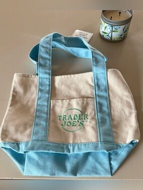 Trader Joe's Canvas mini Tote Bag in Light Blue and Cream